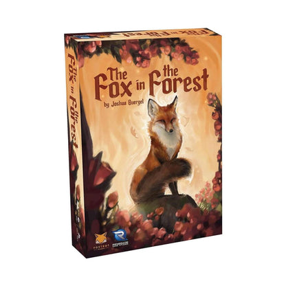 The Fox in the Forest board game box by Joshua Buerge, featuring an illustrated fox sitting among red flowers on a warm-toned background