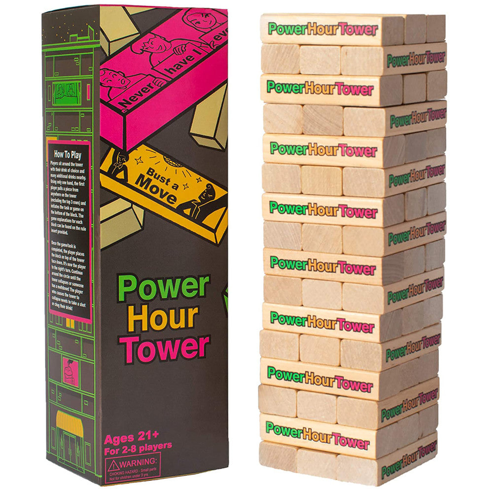 Power Hour Tower stacking game with colorful box packaging on left and wooden block tower with printed text on right