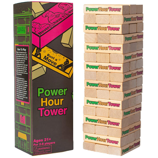 Power Hour Tower stacking game with colorful box packaging on left and wooden block tower with printed text on right