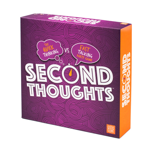 Second Thoughts board game box with purple and orange design, showing quick thinking versus fast talking party game tagline
