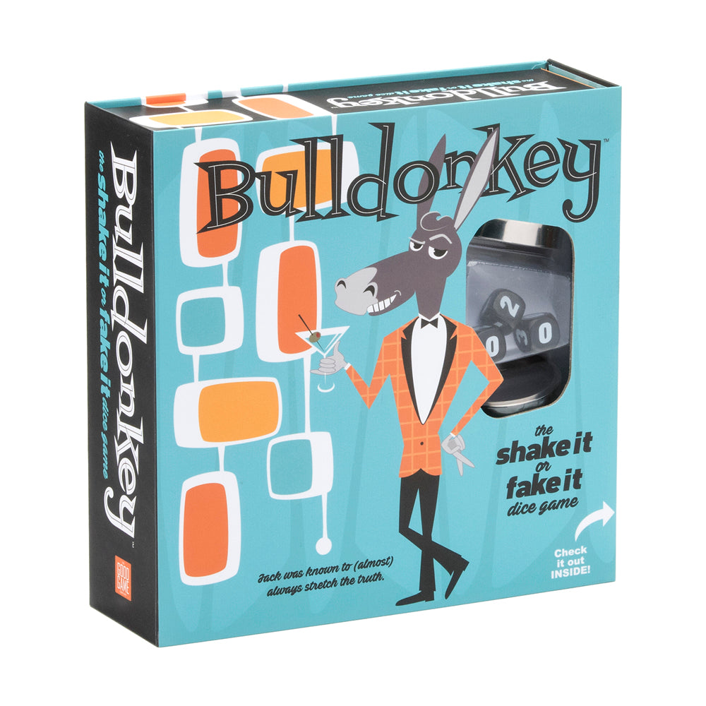 Bulldonkey Party Edition Dice Game box featuring a cartoon donkey in an orange suit holding a cocktail on turquoise background with retro-style geometric design