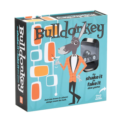 Bulldonkey Party Edition Dice Game box featuring a cartoon donkey in an orange suit holding a cocktail on turquoise background with retro-style geometric design