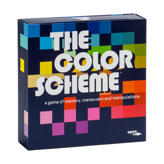 The Color Scheme board game box featuring colorful pixelated squares on dark background, tagline reads 'a game of memory, maneuvers and manipulations'
