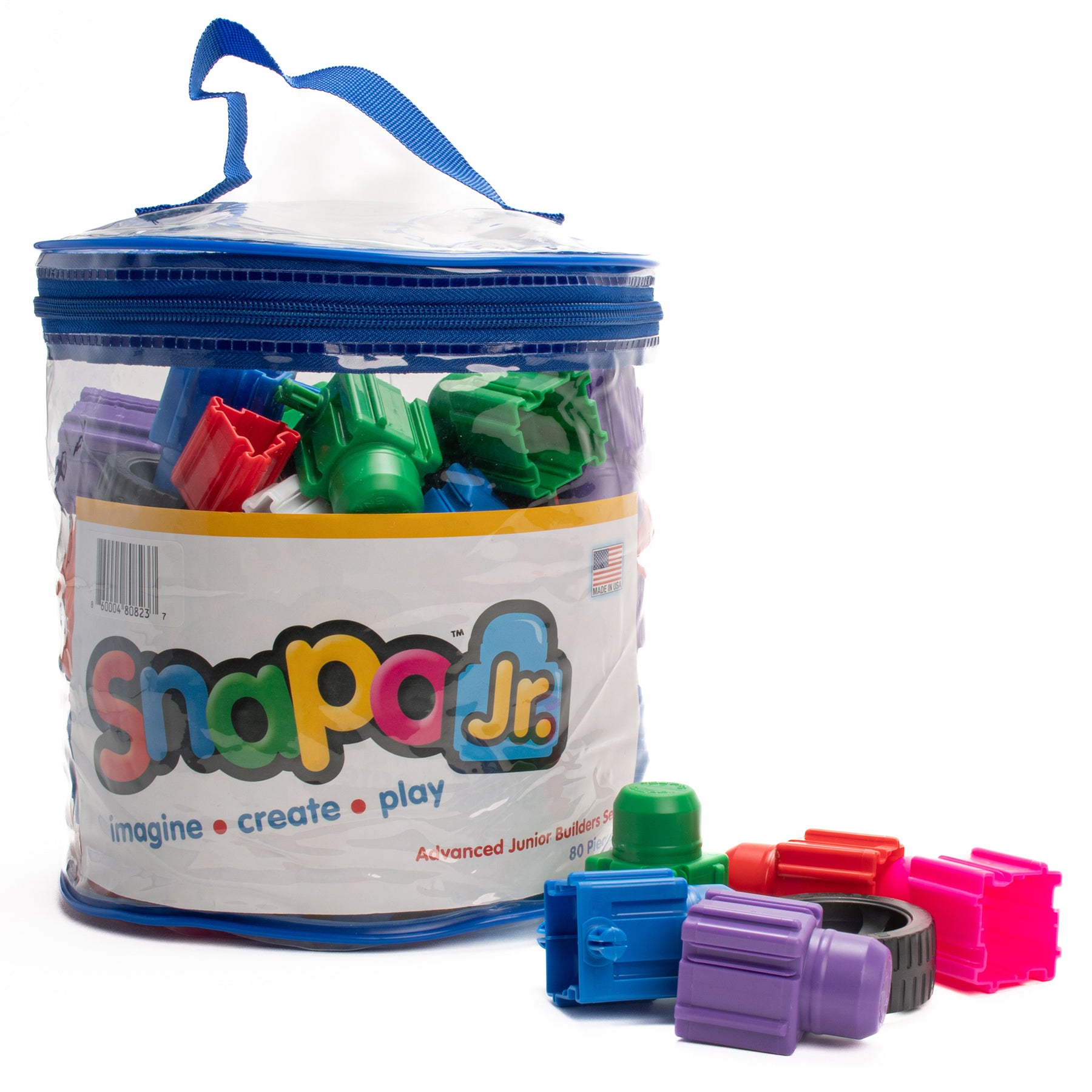 Snapo Jr Advanced Builders Kit 80-Piece Set with colorful blue, green, red, and purple building blocks in storage con...