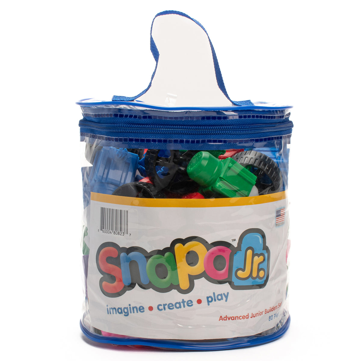 Snapo Jr Advanced Builders Kit 80-Piece Set in blue carrying case with colorful plastic building pieces