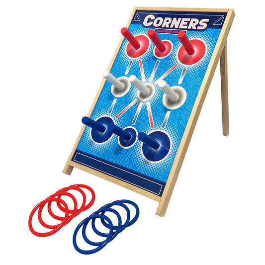 Corners Championship ring toss game with wooden frame, blue playing surface, red and white pegs in top rows, gray pegs in middle row, blue pegs in bottom row, a