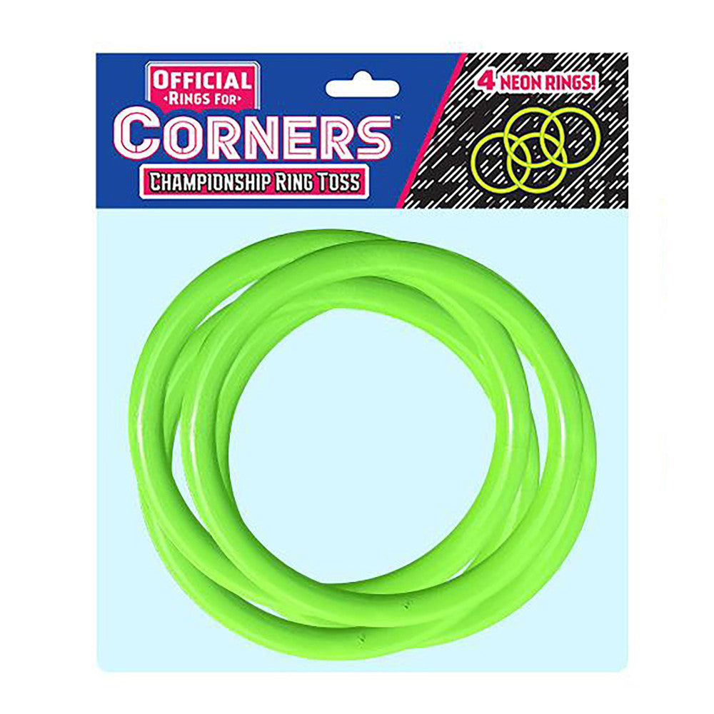 Four bright green neon rings stacked together on light blue background, Official Rings for Corners Championship Ring Toss game package