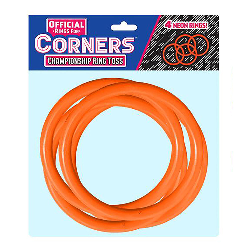 Four bright orange neon rings stacked together on light blue background, official rings for Corners Championship Ring Toss game