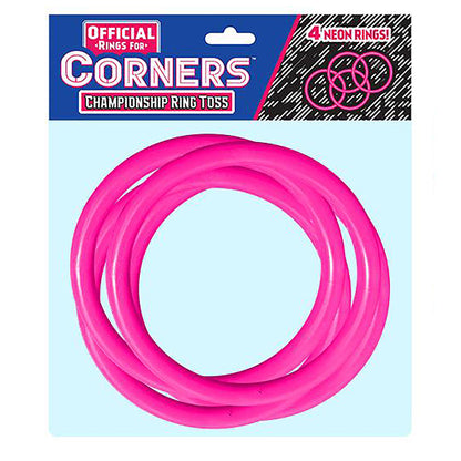 Four magenta pink neon rings stacked and displayed on light blue background, Official Rings for Corners Championship Ring Toss game