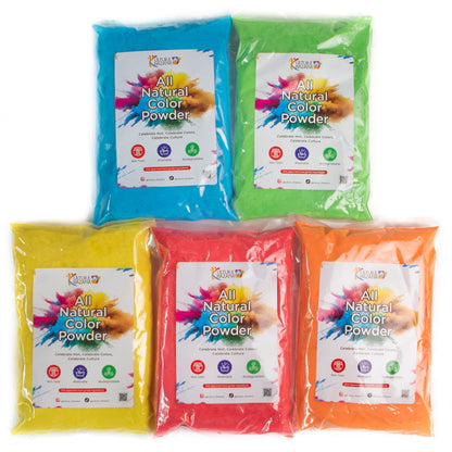 Five packets of Kulture Khazana All Natural Color Powder in blue, green, yellow, red, and orange, each labeled with product information and icons