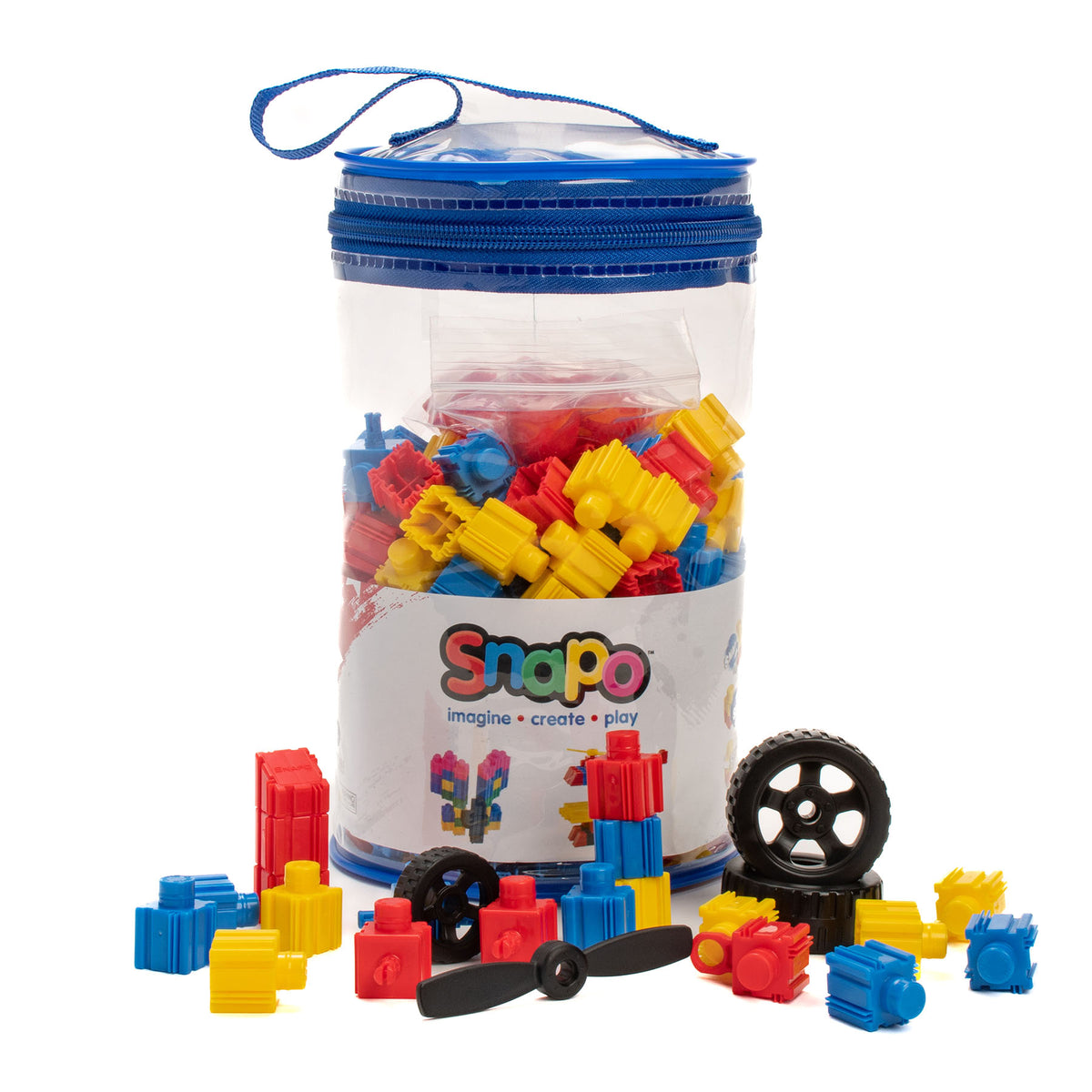 Snapo Creative Builders Kit 200-piece set with red, yellow, and blue building blocks and wheels in storage container