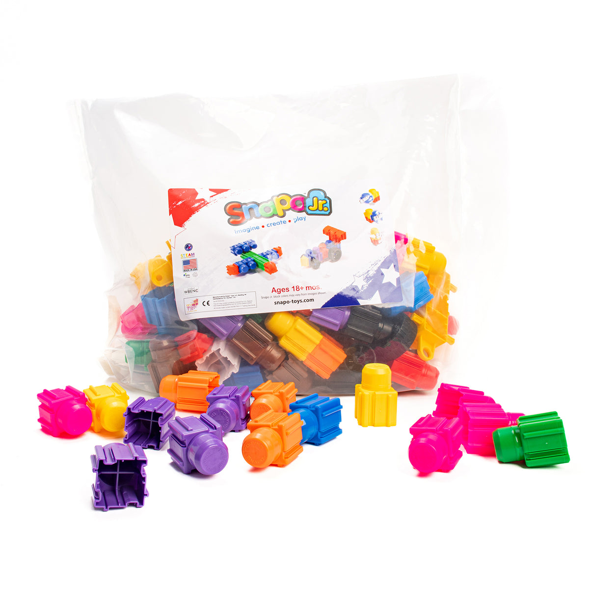 Snapo Jr. Mega Builders Kit 125-piece colorful building set with purple, orange, pink, yellow and blue connector blocks