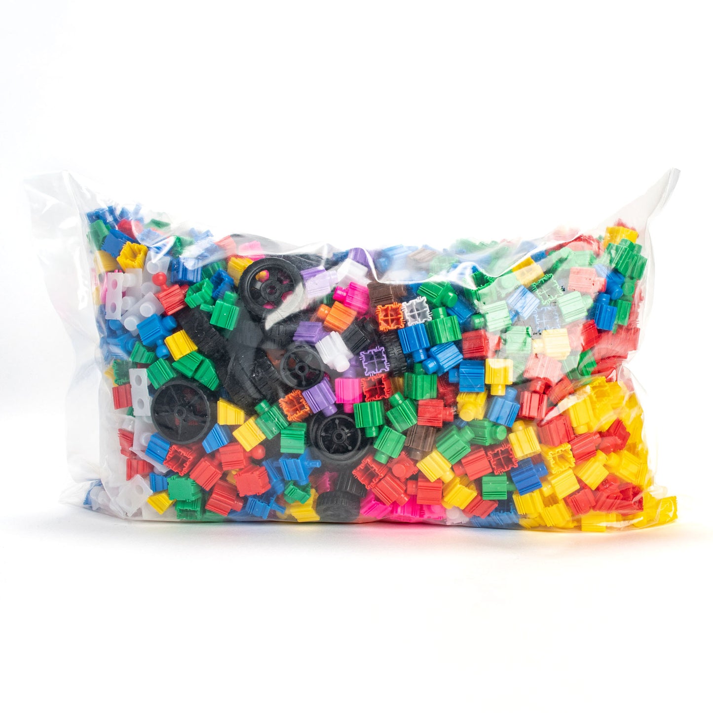 Snapo Mega Builders Kit 1100-piece construction set with colorful plastic blocks and wheels in clear bag