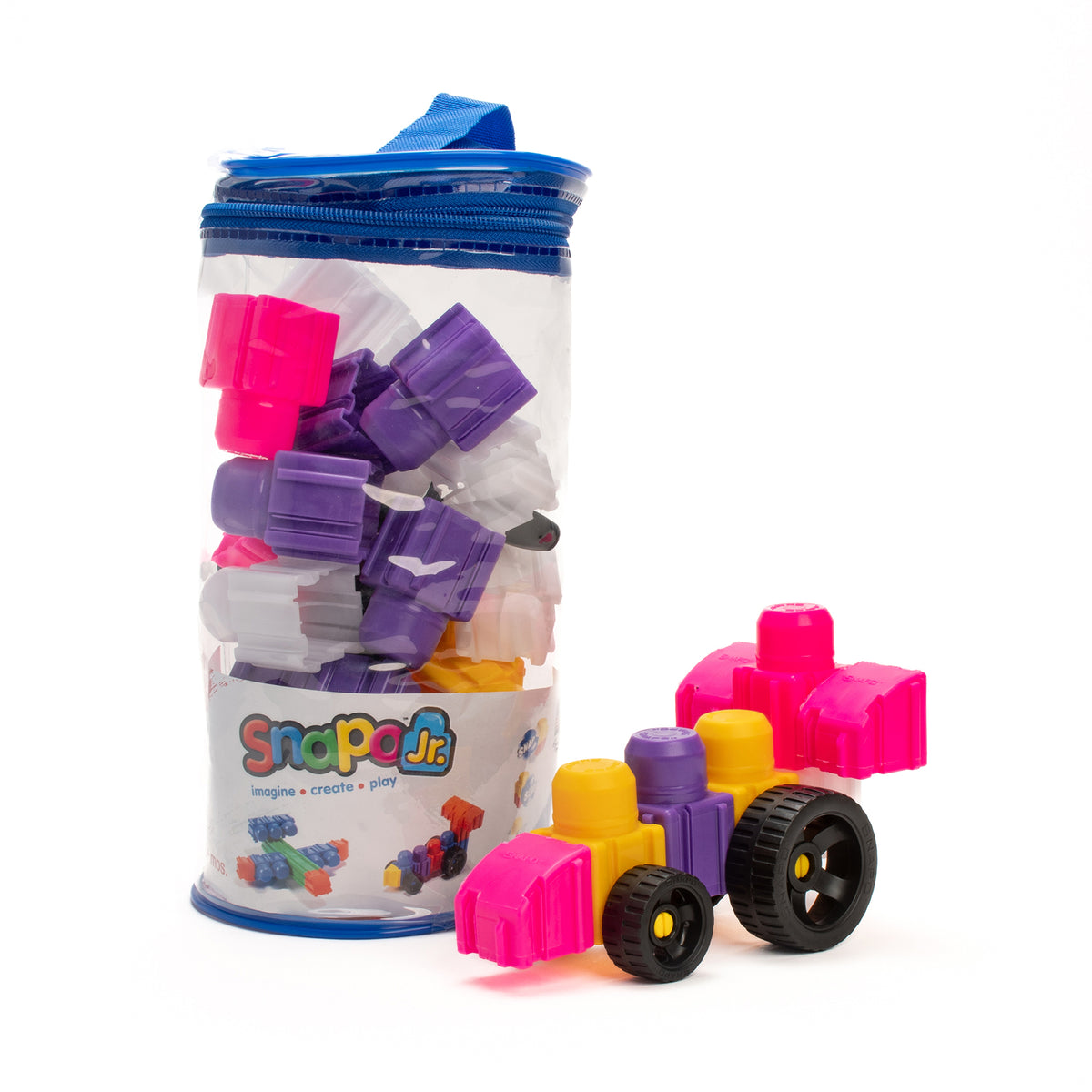 Snapo Jr Princess Creator Kit 40-piece building set with pink, purple, and yellow blocks and wheeled vehicle