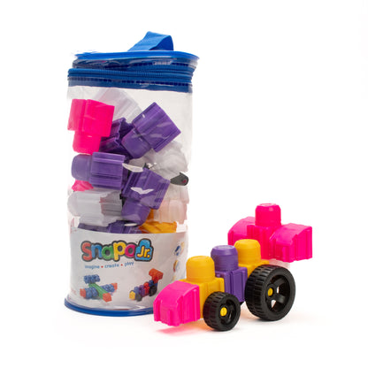 Snapo Jr Princess Creator Kit 40-piece building set with pink, purple, and yellow blocks and wheeled vehicle