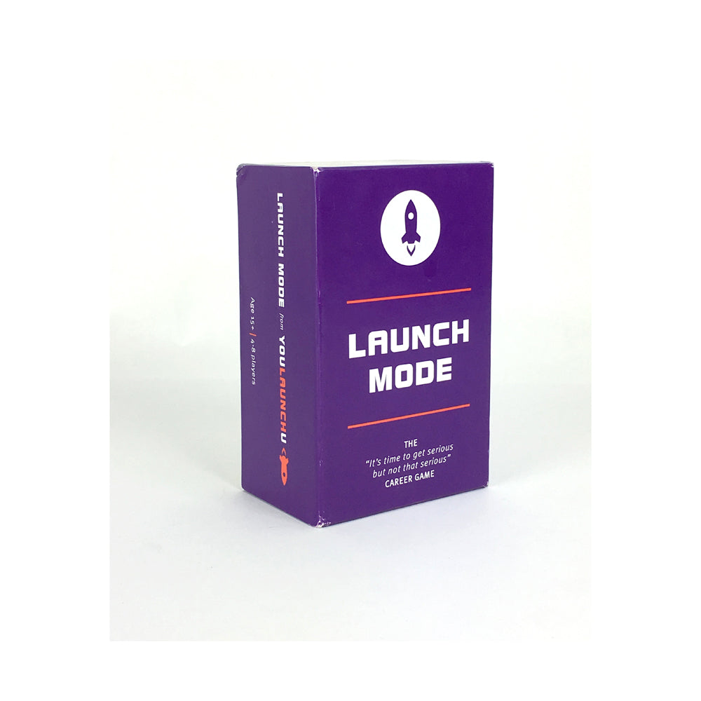 Launch Mode board game box, purple with white rocket icon and orange accents, showing career game tagline on front