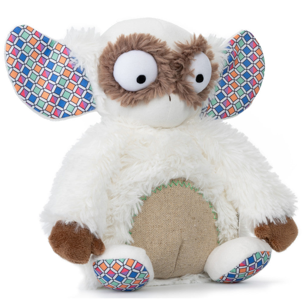 Wobby The Wild Eared Wala plush toy, white and brown with large ears featuring colorful geometric pattern, oversized googly eyes, and textured belly panel