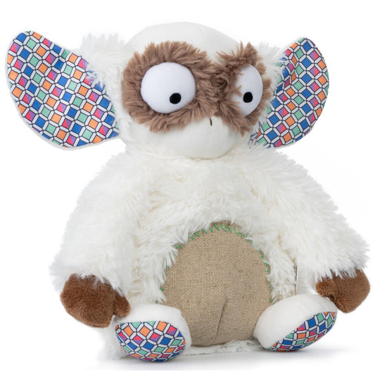 Wobby The Wild Eared Wala plush toy, white and brown with large ears featuring colorful geometric pattern, oversized googly eyes, and textured belly panel