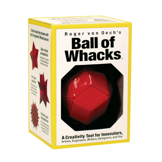 Ball of Whacks by Roger von Oech, red magnetic building toy in yellow packaging with geometric star shapes on box