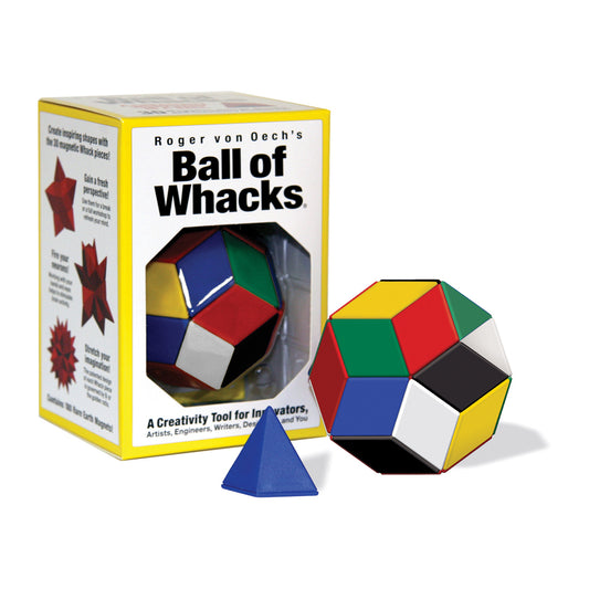 Ball of Whacks magnetic puzzle with yellow box packaging, showing colorful polyhedral pieces in red, blue, green, yellow, black, and white