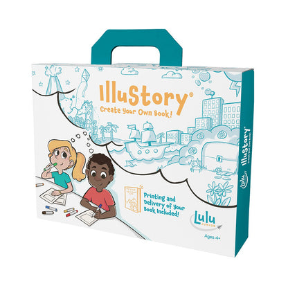IlluStory Create Your Own Book kit packaging with teal handle, showing two children drawing and illustrating, with cityscape and nature scenes illustrated on bo