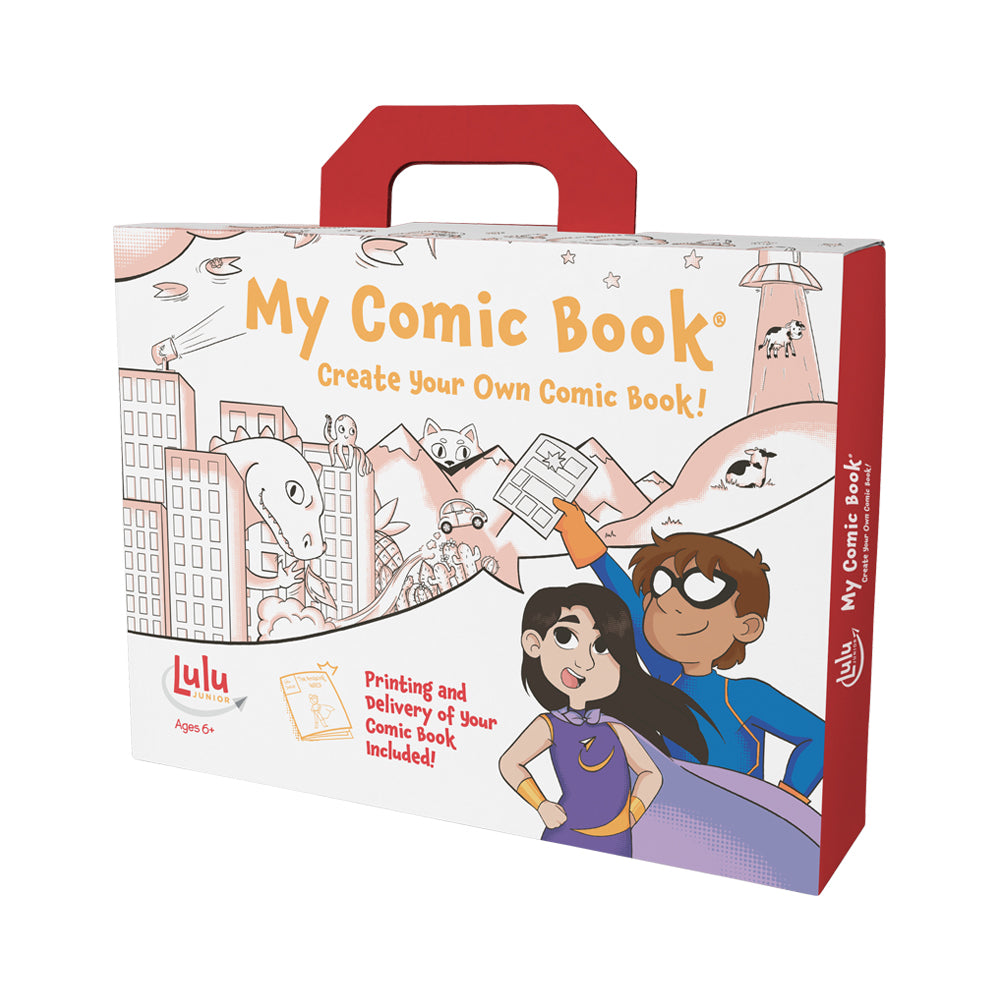 My Comic Book Create Your Own Comic Book Kit box with red handle, featuring illustrated child characters in superhero costumes and cityscape artwork