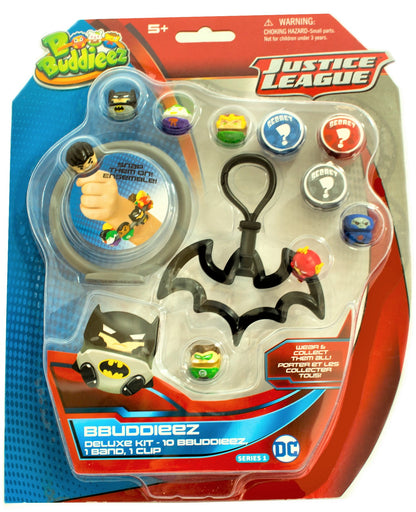 Bbuddieez DC Justice League Deluxe Kit packaging with 10 collectible spheres, Batman bat clip, band, and secret character reveals