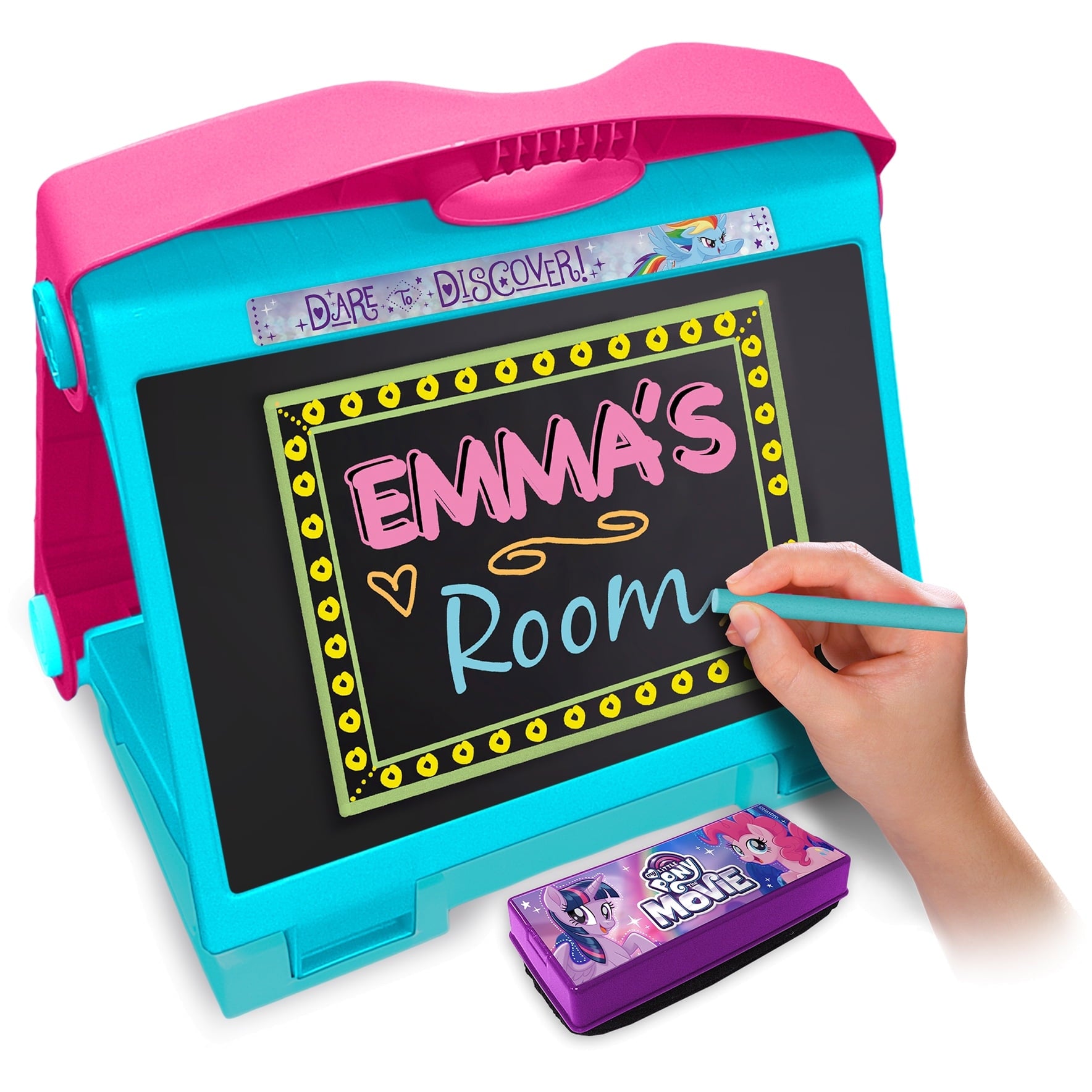 Turquoise and hot pink dual-sided easel with chalkboard displaying "EMMA'S ROOM" written in colorful chalk, modeled by a child's hand holding a stylus, includes
