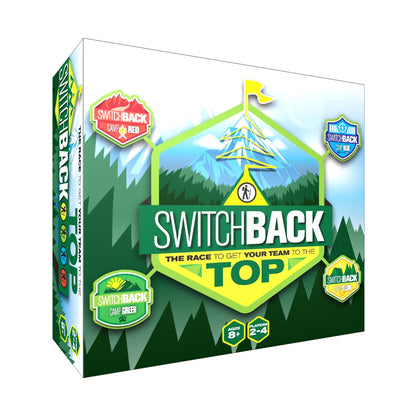 Switchback Family Board Game box featuring mountain landscape with team-colored camps (red, green, blue, yellow) and tagline 'The Race to Get Your Team to the T