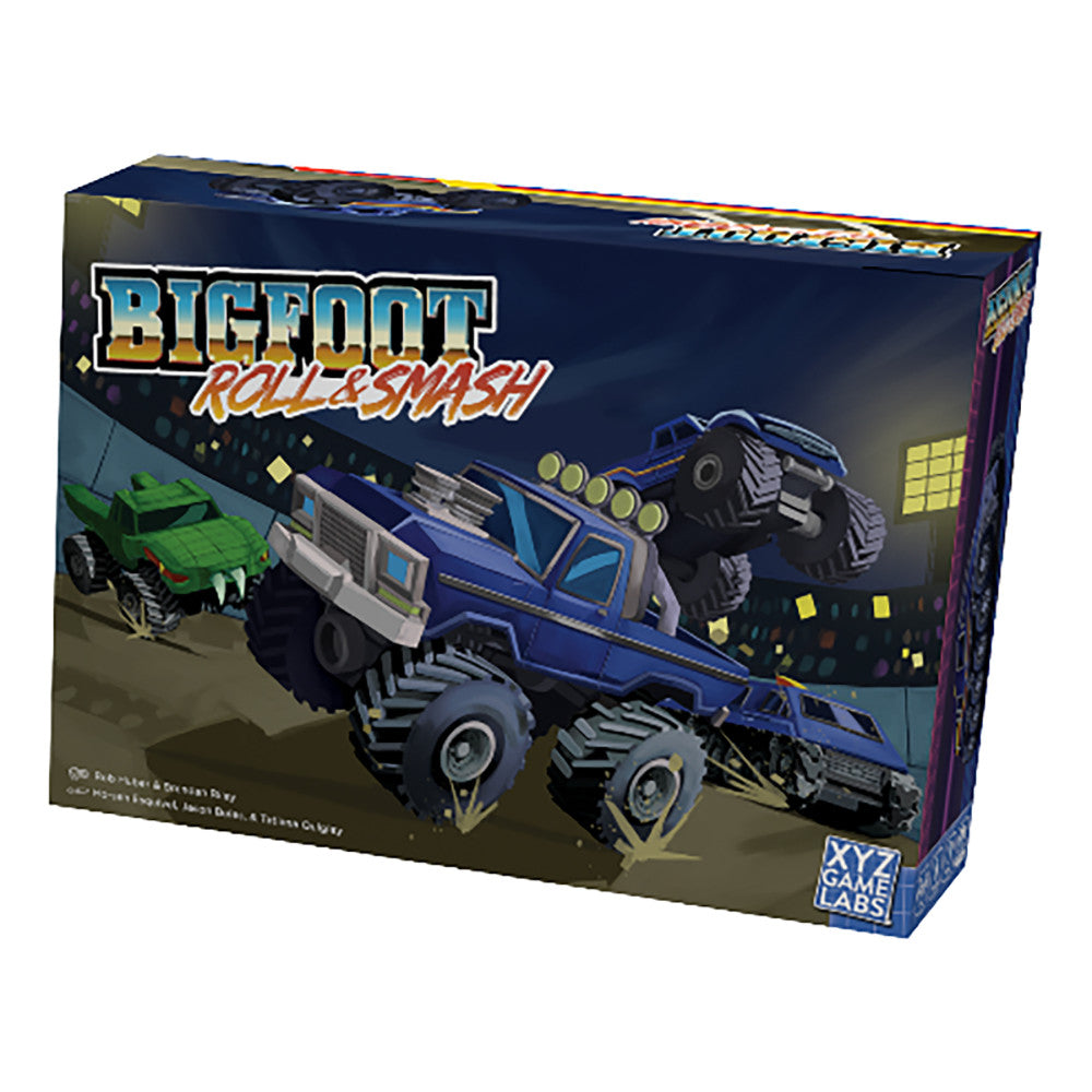 Bigfoot Roll & Smash game box featuring blue and green monster trucks on a dirt track arena with yellow lighting effects