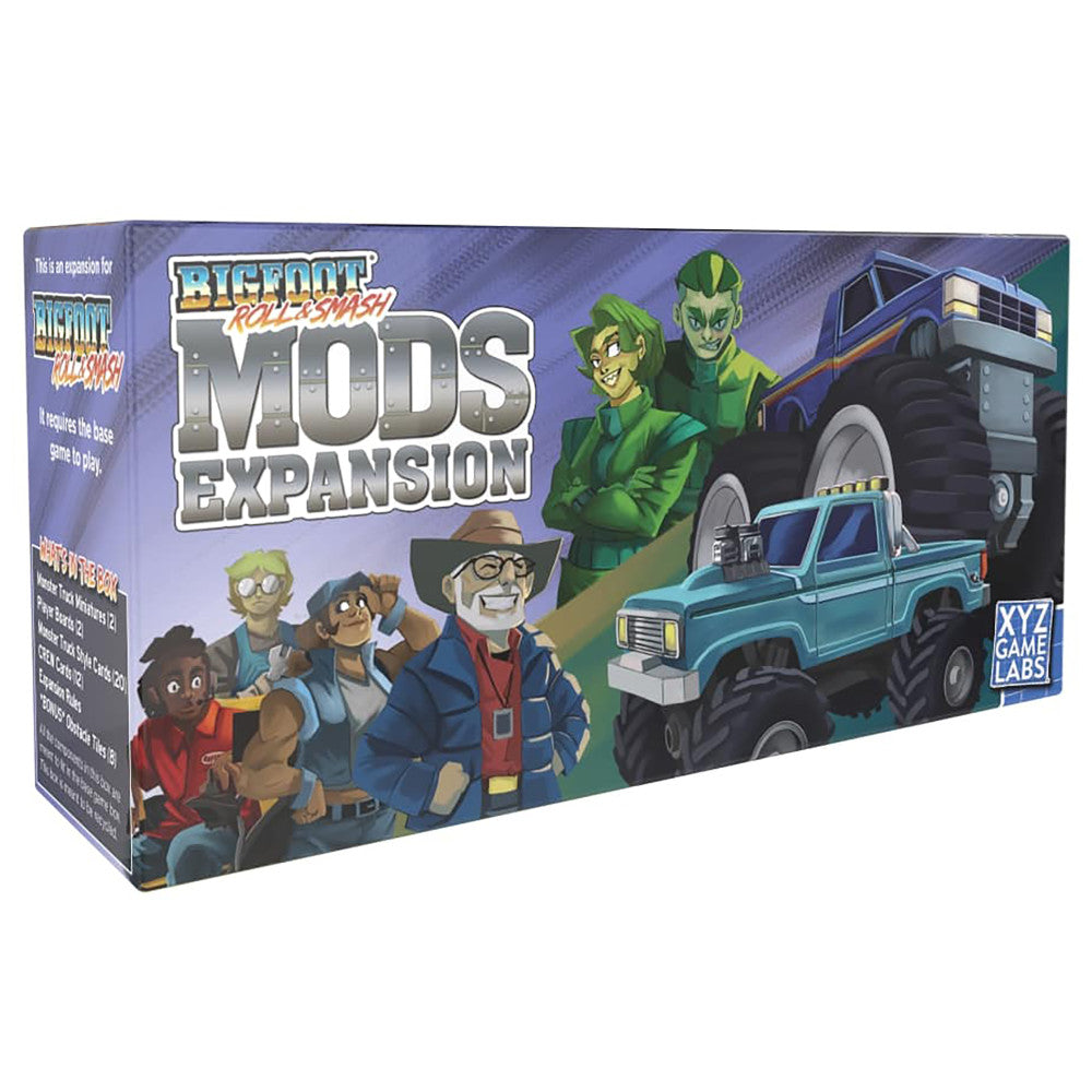 Bigfoot Roll & Smash MODS Expansion game box featuring cartoon characters and monster trucks on purple background