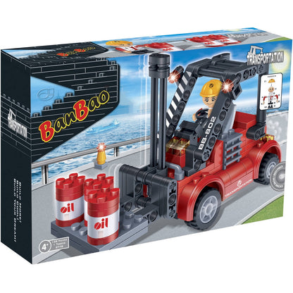 BanBao Forklift Building Kit with red forklift truck, yellow-helmeted figure, oil barrel accessories, and black brick box packaging