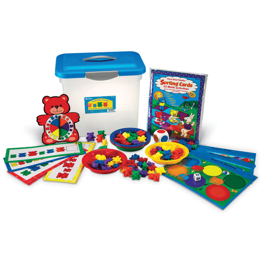 Three Bear Family Color & Counting Activity Set with blue storage container, red bear spinner, colored counters, sorting bowls, activity cards, and sorting game