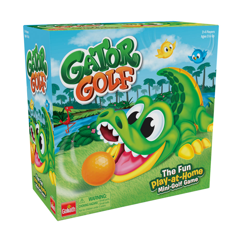 Gator Golf box showing a green alligator character with large eyes and open mouth holding an orange golf ball, with tropical landscape and birds in background