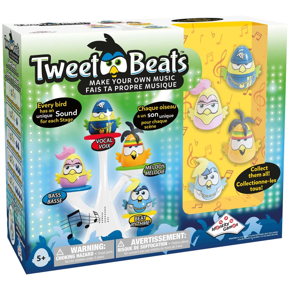 Tweet Beats music creation toy with white guitar-shaped base, four collectible bird characters with unique sounds for vocals, melody, bass, and beat, displayed
