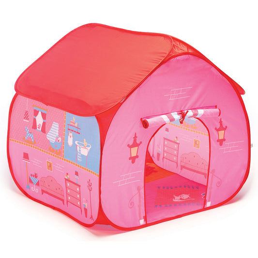 Pink pop-up dollhouse tent with red roof, decorated with interior house designs and furnishings printed on fabric, open entrance with playmat floor