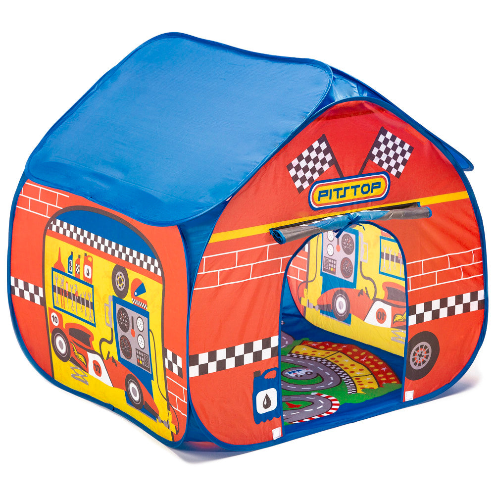 Red, yellow, and blue pop-up race car pit stop tent with checkered flag details and colorful race-themed play mat inside