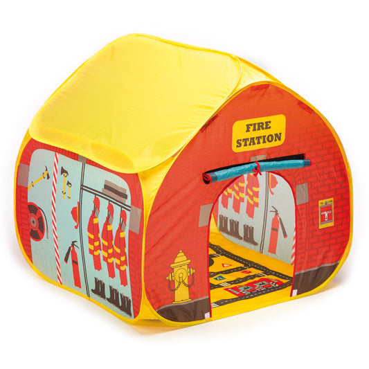 Red and yellow pop-up fire station tent with yellow roof, featuring fire truck graphics, hydrant, and included streetmap playmat