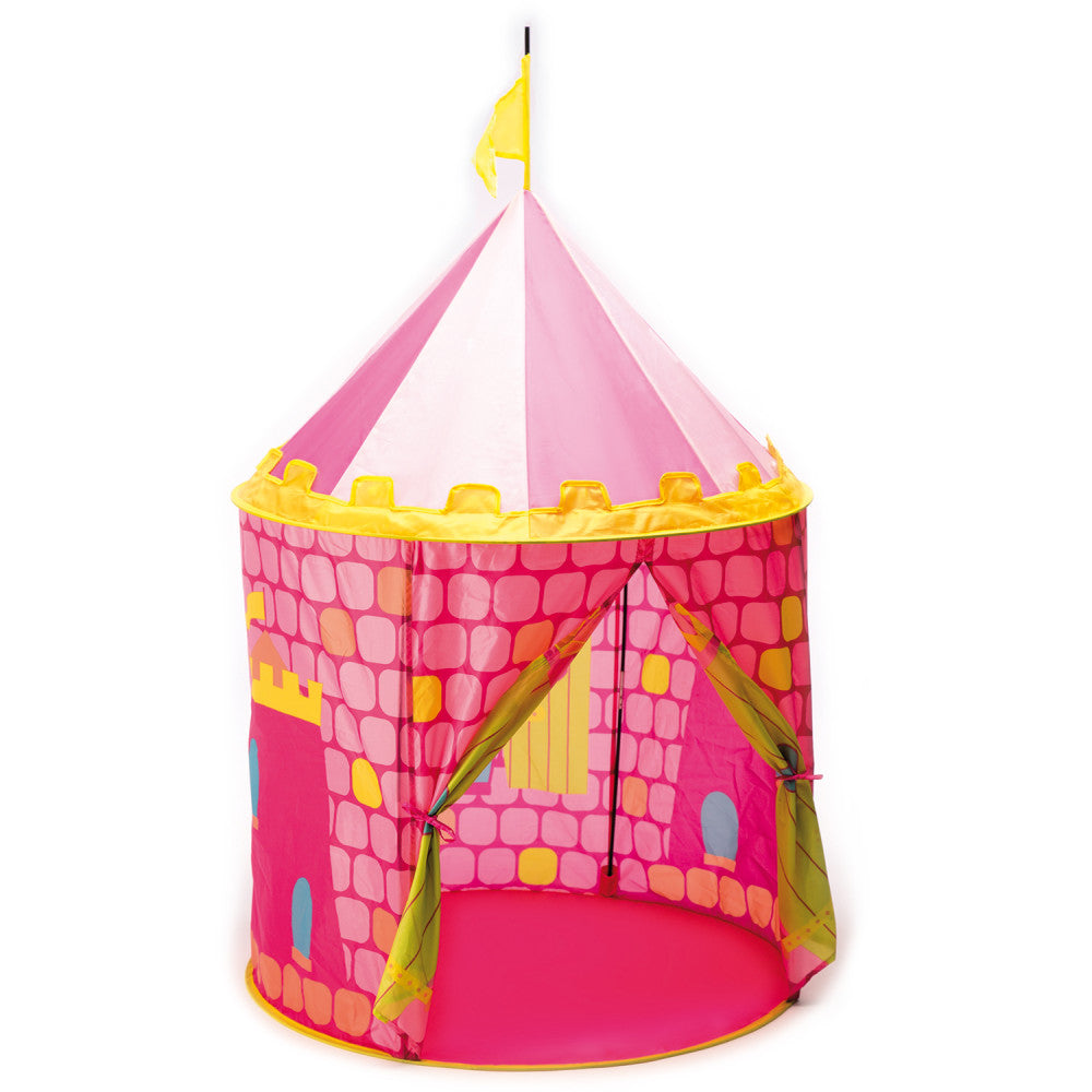 Pink and yellow pop-up princess castle play tent with brick pattern, yellow flag on top, and window cutouts