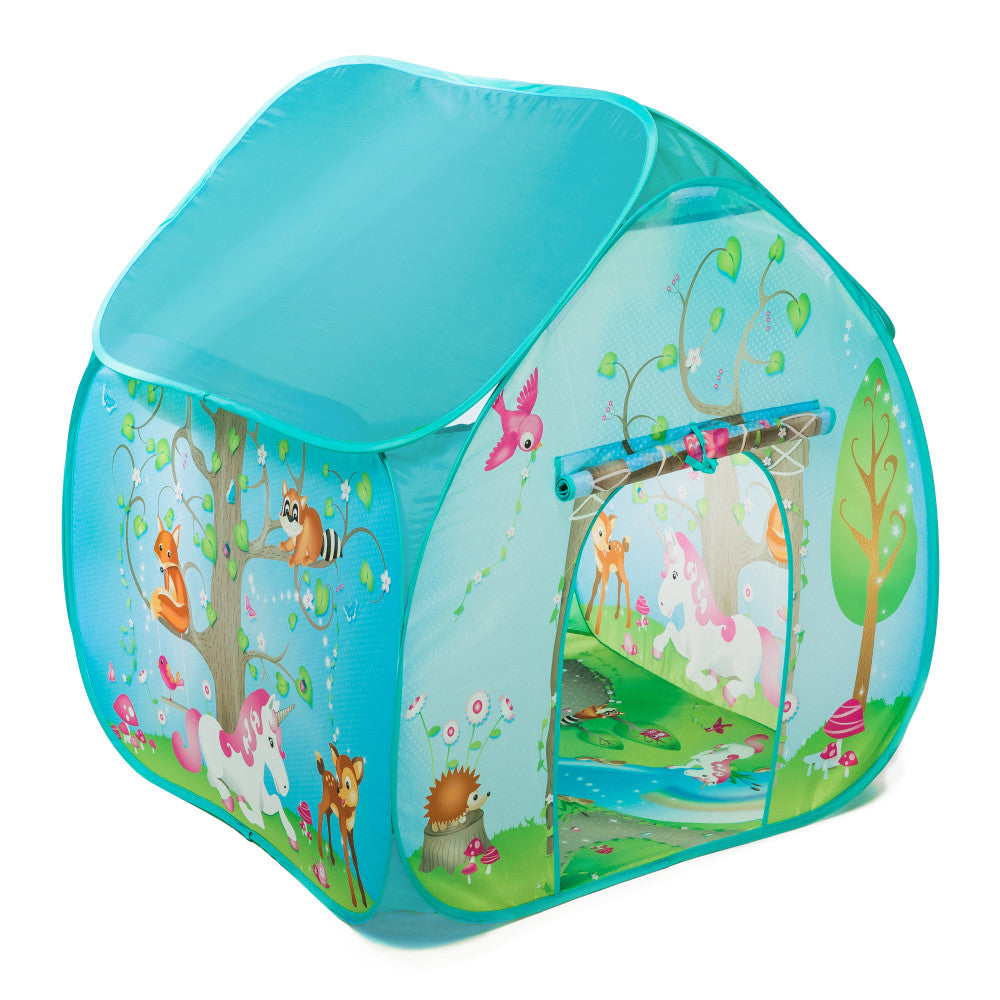 Turquoise pop-up play tent with enchanted forest scene featuring animals, trees, and flowers on printed panels