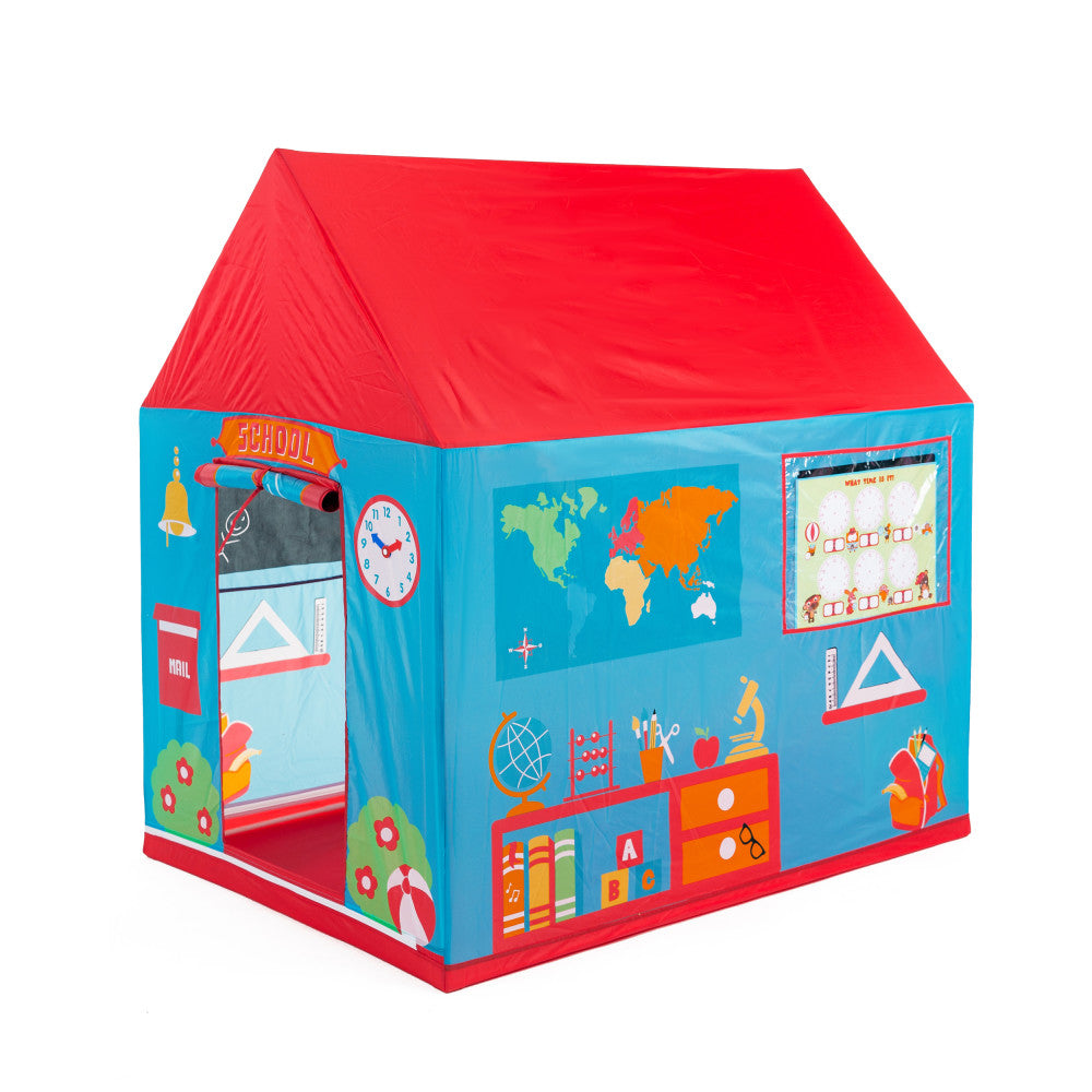 Red and blue pop-up play tent with school-themed graphics including a world map, chalkboard, clock, books, and classroom decorations on the walls