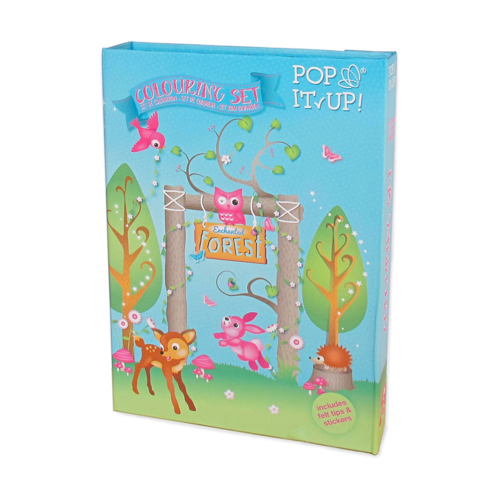 Enchanted Forest Pop It Up coloring set box with blue background, featuring illustrated pink owls, rabbits, deer, trees, and woodland scene with felt tips and s