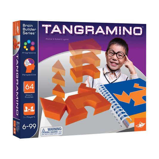 Tangramino puzzle game box showing child on model wearing glasses holding puzzle pieces, with orange tangram shapes displayed on white surface against purple ba