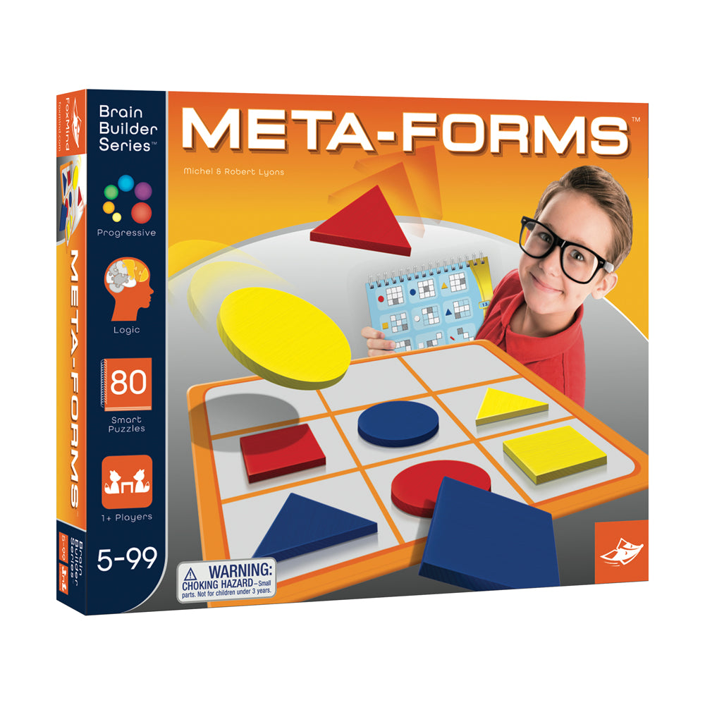 Meta-Forms logic puzzle game box showing child on model wearing glasses and red shirt, with game board displaying colorful geometric shapes and puzzle cards