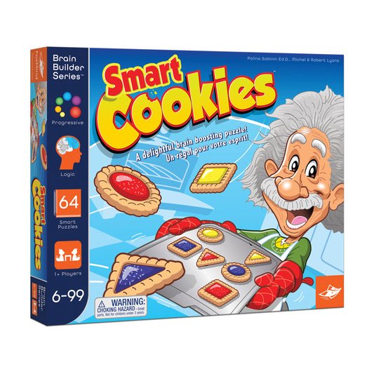 Smart Cookies Brain Builder Series logic puzzle game box showing cartoon chef character with cookies and puzzle tiles, 64 puzzles, ages 6-99