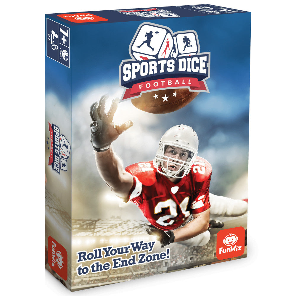 Sports Dice Football board game box showing a football player in red jersey catching a football, with game logo and 'Roll Your Way to the End Zone' tagline