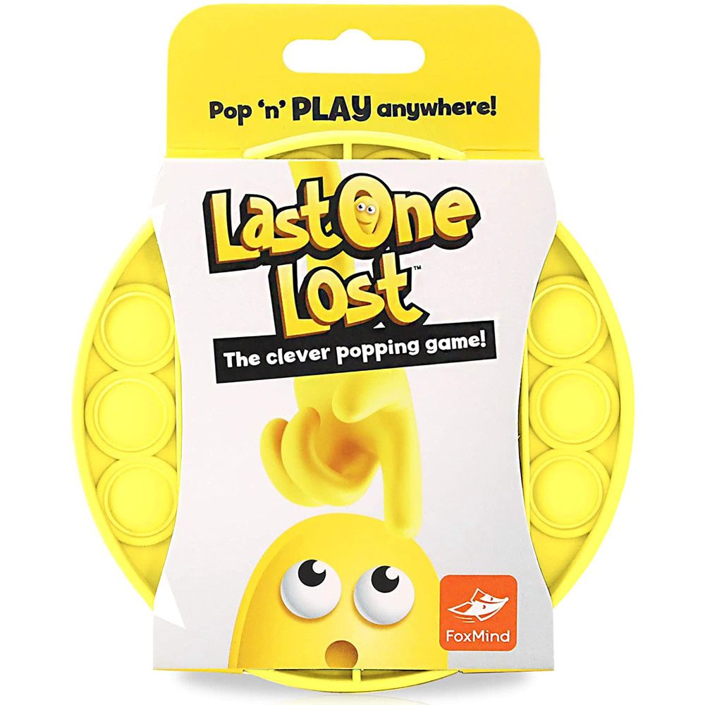 Last One Lost portable popping game in yellow with bubble pods on sides and character with large eyes on packaging