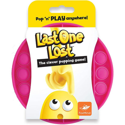 Last One Lost strategy game packaging with yellow character and pink pop-it fidget sides, hot pink edition