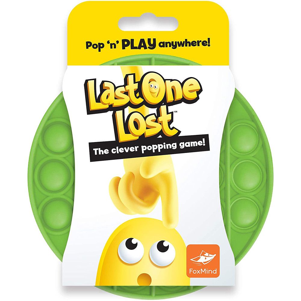 Last One Lost portable strategy game packaging with green pea pod-shaped cases and yellow character with wide eyes