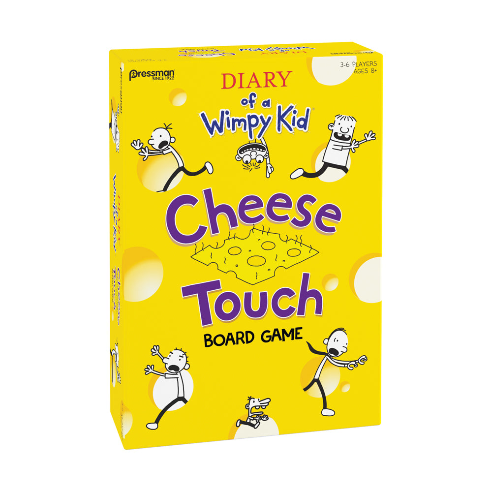 Diary of a Wimpy Kid Cheese Touch Board Game box with yellow background, cartoon characters, and cheese illustration, for 3-6 players ages 8+